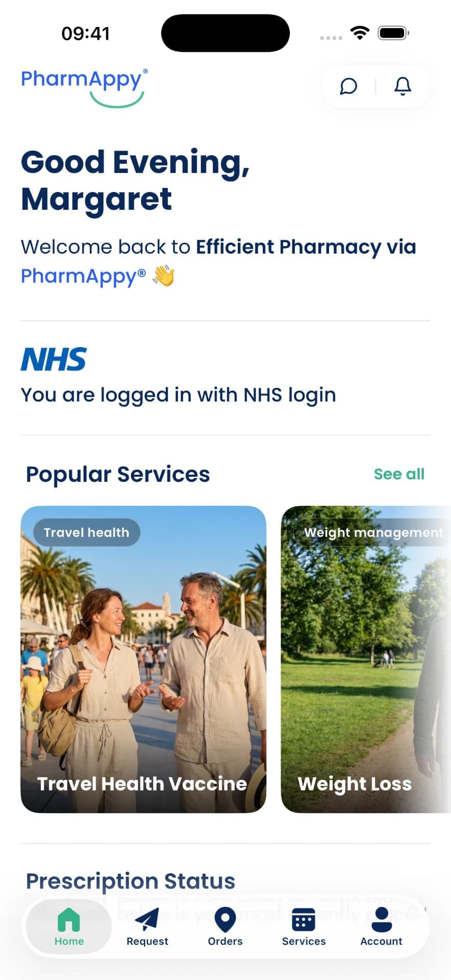 Marigold Pharmacy app showing the patient dashboard