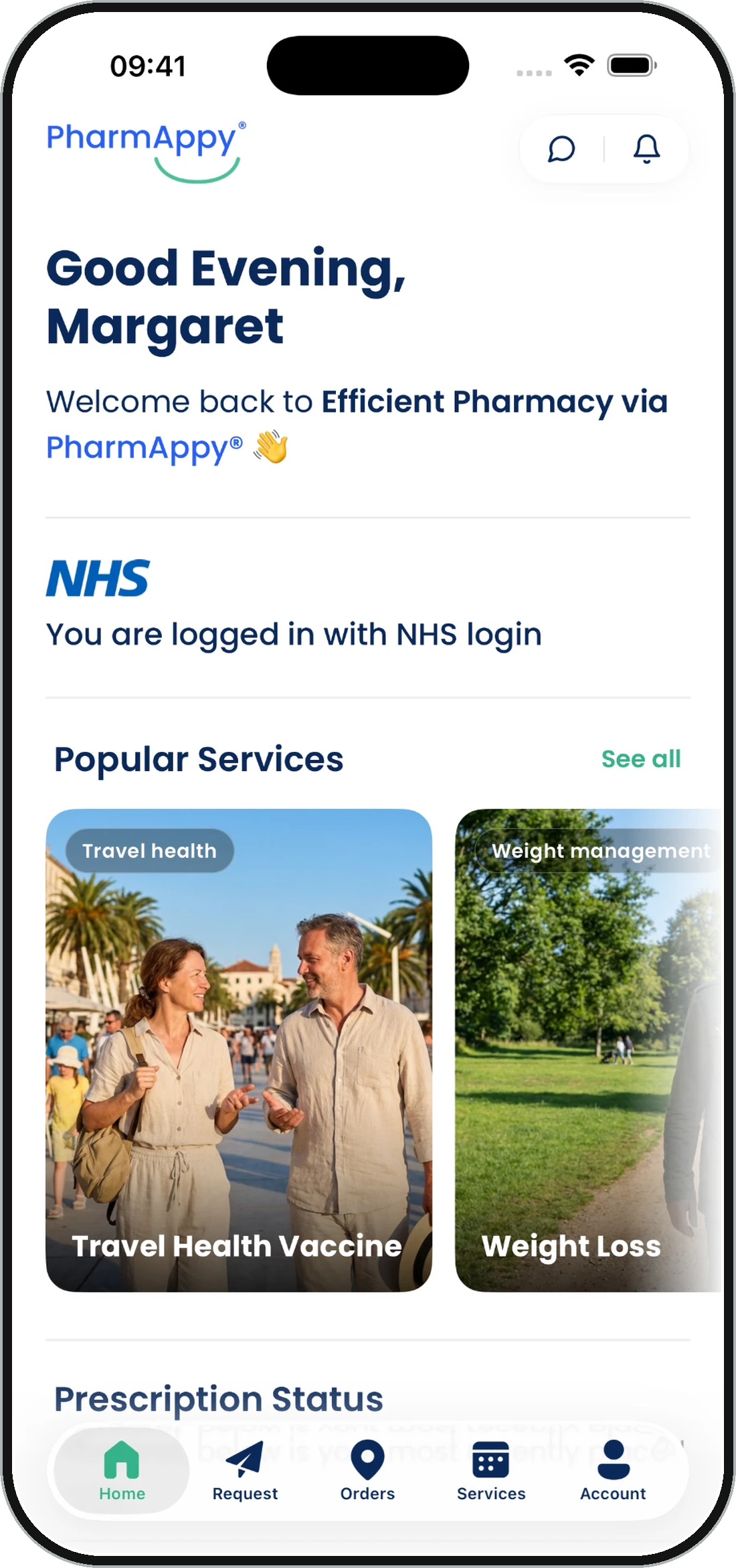 Millfield Pharmacy app showing the patient dashboard